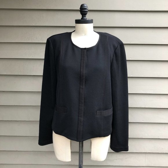 ST. JOHN CAVIAR Milano Knit Zip Front Ribbon Trim Cropped Black Jacket Blazer 12 - Picture 3 of 16